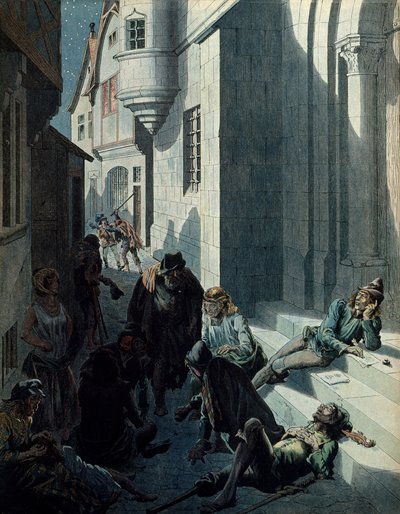 Storia della Francia nel Medioevo: Francois de Montcorbier noto come Francois Villon (1431-1463?), poeta, che compone le sue opere nella miseria delle strade di Parigi. Illustrazione di Jacques Marie Gaston Onfray de Breville dit JOB da pseudonym for Onfray de Breville Jacques Job
