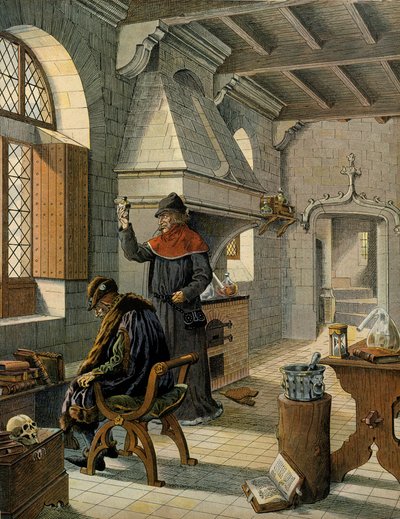 Storia della Francia nel Medioevo: Jacques Coictier, primo medico del Re di Francia Luigi XI detto il Prudente (1423-1483), gli prepara un rimedio. Illustrazione di Jacques Marie Gaston Onfray de Breville detto JOB (1858-1931) da pseudonym for Onfray de Breville Jacques Job