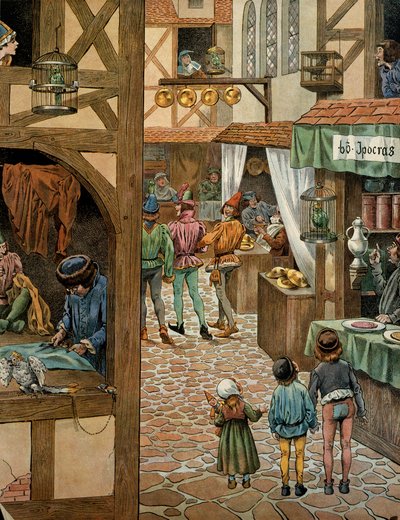 Storia della Francia nel Medioevo: Rue de Paris dopo che il re Luigi XI detto il Prudente (1423-1483) firmò il trattato di Peronne con Carlo il Temerario. I parigini avevano comprato pappagalli dai quali avevano imparato a dire Peronne per prendere in giro da pseudonym for Onfray de Breville Jacques Job