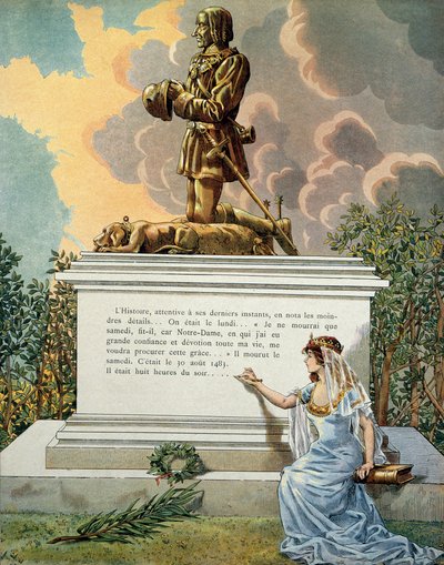 Storia della Francia nel Medioevo: Tomba del re di Francia Luigi XI detto il Prudente (1423-1483) a Notre Dame de Clery, Valle della Loira. Illustrazione di Jacques Marie Gaston Onfray de Breville dit JOB da pseudonym for Onfray de Breville Jacques Job