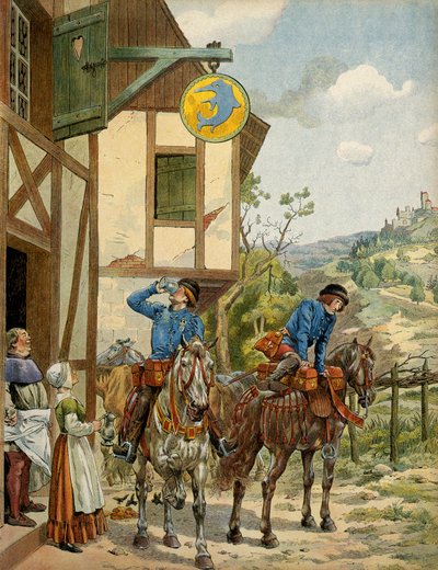 Storia della Francia nel Medioevo: servizio postale sotto il regno di re Luigi XI detto il Prudente (1423-1483). Stazione postale a cavallo in una locanda. Illustrazione di Jacques Marie Gaston Onfray de Breville dit JOB da pseudonym for Onfray de Breville Jacques Job