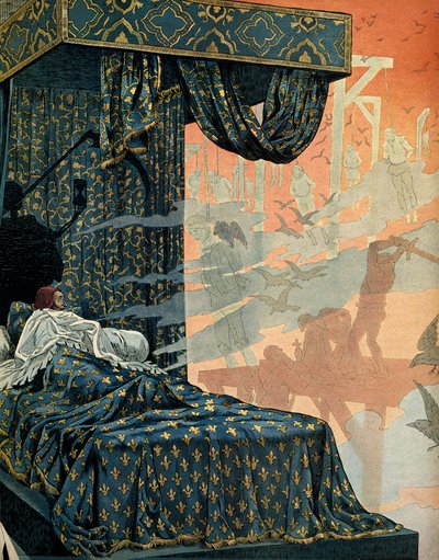 Storia della Francia nel Medioevo: il re di Francia Luigi XI detto il Prudente ebbe incubi ansiosi prima di morire. Illustrazione di Jacques Marie Gaston Onfray de Breville detto JOB da pseudonym for Onfray de Breville Jacques Job