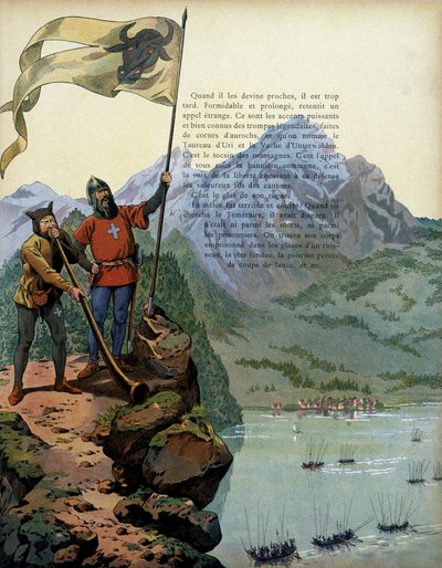 Storia della Francia nel Medioevo: le truppe di Carlo il Temerario (1433-1477), Duca di Borgogna, entrano nel paese di Vaud in Svizzera. Illustrazione di Jacques Marie Gaston Onfray de Breville detto JOB (1858-1931) da pseudonym for Onfray de Breville Jacques Job