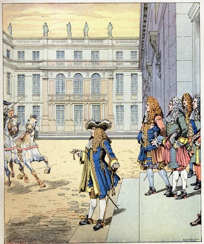 Ho quasi aspettato! parole del re di Francia Luigi XIV detto Re Sole pronunciate davanti al castello di Versailles mentre le sue carrozze arrivavano al momento preciso. Illustrazione di Job da pseudonym for Onfray de Breville Jacques Job