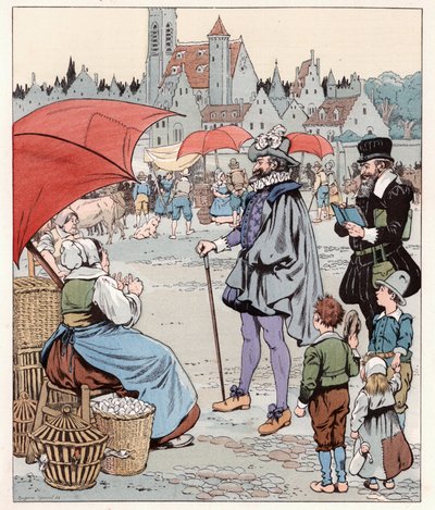 Vorrei conoscere il prezzo di un liard. Re di Francia Enrico IV in marcia. Illustrazione di Job per il libro 