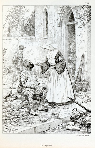 Illustrazione dal libro “La Grande Guerre par les artistes”: “La sigaretta settembre 1914” religioso che dà una sigaretta a un soldato ferito da pseudonym for Onfray de Breville Jacques Job