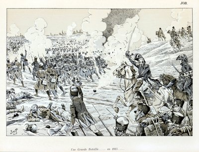 Illustrazione dal libro "La Grande Guerra par les artistes": Una grande battaglia nel 1815 di Job da pseudonym for Onfray de Breville Jacques Job