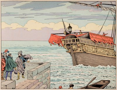 Illustrazione dal libro "Le bon roy Henri", illustrata da Jacques Marie Gaston Onfray de Breville detto JOB (1858-1931): Enrico IV rifiuta il consiglio di fuggire in Inghilterra - Collezione privata da pseudonym for Onfray de Breville Jacques Job