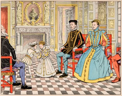 Illustrazione dal libro “Le bon roy Henri”, illustrato da Jacques Marie Gaston Onfray de Breville detto JOB: Antonio di Borbone lo portò a Parigi e lo presentò a suo cugino Enrico II, che gli offrì la mano di sua figlia Margherita da pseudonym for Onfray de Breville Jacques Job