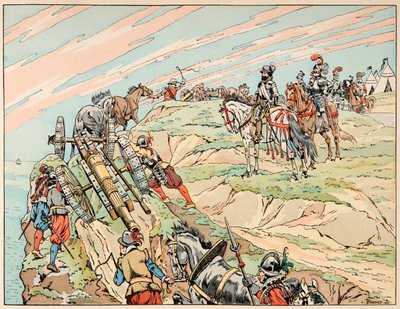 Illustrazione dal libro “Le bon roy Henri”, illustrato da Jacques Marie Gaston Onfray de Breville detto JOB: Enrico IV in guerra stabilì il suo campo vicino a Dieppe con la sua artiglieria da pseudonym for Onfray de Breville Jacques Job