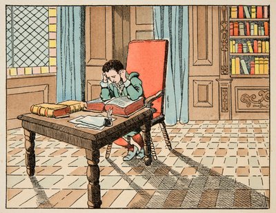 Illustrazione tratta dal libro "Le bon roy Henri", illustrata da Jacques Marie Gaston Onfray de Breville detto JOB (1858-1931): Educazione nel XVI secolo: lezione di classici - Collezione privata da pseudonym for Onfray de Breville Jacques Job