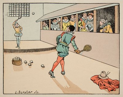Illustrazione tratta dal libro "Le bon roy Henri", illustrata da Jacques Marie Gaston Onfray de Breville detto JOB (1858-1931): Educazione nel XVI secolo: gioco della palma - Collezione privata da pseudonym for Onfray de Breville Jacques Job
