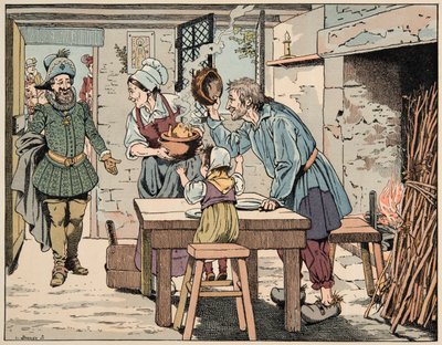 Illustrazione dal libro Le bon roy Henri, illustrato da Jacques Marie Gaston Onfray de Breville dit JOB: Enrico IV tra i contadini, a mangiare il pollo nella pentola da pseudonym for Onfray de Breville Jacques Job