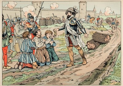 Illustrazione tratta dal libro “Le bon roy Henri”, illustrata da Jacques Marie Gaston Onfray de Breville detto JOB (1858-1931): Enrico IV dà denaro e libera i contadini che hanno cercato di introdurre cibo a Parigi - Collezione privata da pseudonym for Onfray de Breville Jacques Job