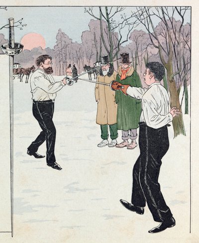 Illustrazione dal libro Les épées de France: Un duello nel 1894 da pseudonym for Onfray de Breville Jacques Job