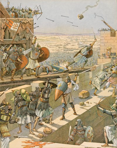 Jacques Marie Gaston Onfroy de Breville detto JOB (1858-1931) - Storia del Belgio: Englebert e Lietaud de Tournai, crociati di Tournai, assaltarono per primi Gerusalemme nel 1099, Collezione privata da pseudonym for Onfray de Breville Jacques Job