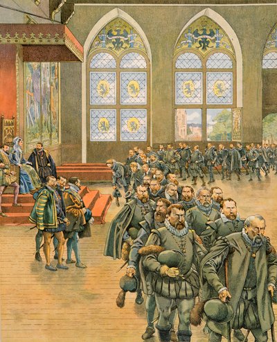 Jacques Marie Gaston Onfroy de Breville dit JOB - Storia del Belgio: I Gueux presentano le loro rispettose rimostranze a Margherita di Parma, governatrice dei Paesi Bassi sotto Filippo II, nel 1566, Collezione Privata da pseudonym for Onfray de Breville Jacques Job