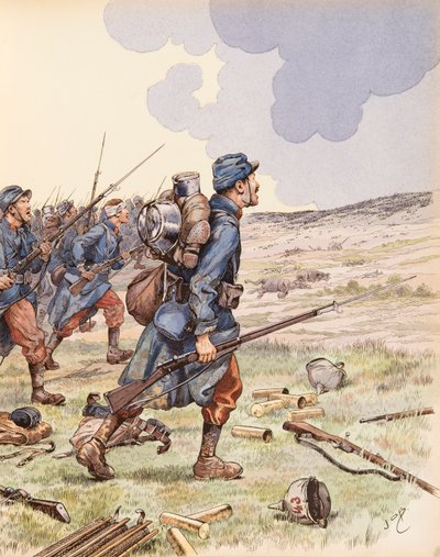 Jacques Marie Gaston Onfroy de Breville detto JOB (1858-1931) - I poilus durante la Battaglia della Marna durante la Prima Guerra Mondiale, Collezione privata da pseudonym for Onfray de Breville Jacques Job