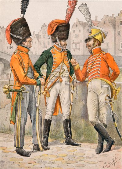 Uniforme delle truppe francesi di tutti i tempi: trombe dei reggimenti di cacciatori a cavallo 14°, 23°, 24° prima del 1812 da pseudonym for Onfray de Breville Jacques Job