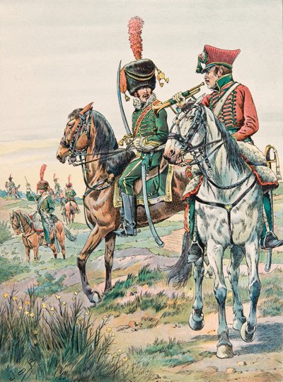 Uniforme delle truppe francesi di tutti i tempi: trombetti dei Cavalli Leggeri di Arenberg (1807) da pseudonym for Onfray de Breville Jacques Job