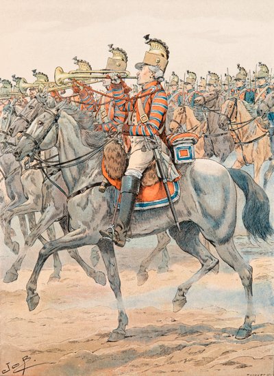 Jacques Marie Gaston Onfroy de Breville dit JOB - Uniforme delle truppe francesi di tutti i tempi: Trombettiere del Reggimento di Orleans - Dragoni (1781), Collezione Privata da pseudonym for Onfray de Breville Jacques Job