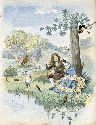 Jean de La Fontaine (1621-1695) parla con una giovane ragazza. Intorno a loro, animali presenti nelle favole del poeta: lupo, agnello, cicogna, tartaruga, topo, rana, lepre, volpe, corvo... In 