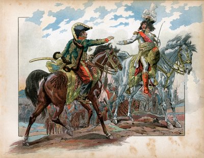 Joachim Murat (1767-1815) e il generale Antoine Charles Louis de La Salle (Lasalle) (1775-1809) durante la battaglia di Heilsberg nel 1807 da pseudonym for Onfray de Breville Jacques Job