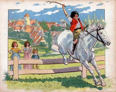 Joachim Murat (1767-1815) bambino su un cavallo si allena a saltare siepi. Incisione di Jacques Marie Gaston Onfray de Breville detto Job da pseudonym for Onfray de Breville Jacques Job
