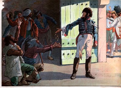 Joachim Murat, re deposto di Napoli, prigioniero nella fortezza del porto di Pizzo distribuisce il suo denaro ai banditi prigionieri con lui nel 1815. Incisione di Job da pseudonym for Onfray de Breville Jacques Job