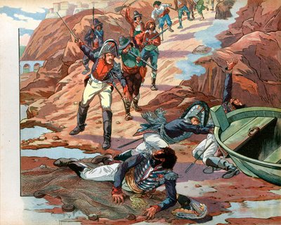Joachim Murat (1767-1815), re deposto di Napoli, preso prigioniero a Pizzo in Calabria dalla folla ostile nel 1815. Incisione di Jacques Marie Gaston Onfray de Breville detto Job da pseudonym for Onfray de Breville Jacques Job