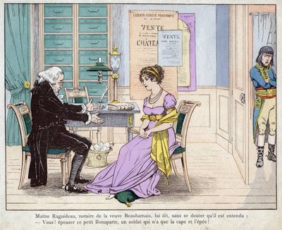 Giuseppina e il notaio - Maitre Raguideau, notaio della vedova Beauharnais, le disse: Sì! Sposare questo piccolo Bonaparte - litografia di Job (Jacques Onfroy de Breville) da 