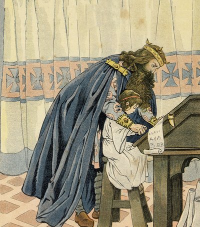 Re Carlo Magno (Carlo I, noto come Carlo il Grande, 742-814) educa un giovane bambino e inventa la scuola. in 