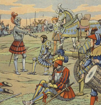 Il re Francesco I di Francia riceve il suo cavalierato dal Cavaliere di Bayard dopo la battaglia di Marignano da pseudonym for Onfray de Breville Jacques Job