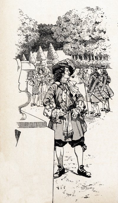 Re Luigi XIV di Francia detto Re Sole con i suoi cortigiani nei giardini di Versailles. Illustrazione di Job per il libro 