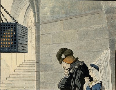 Re Luigi XI (1423-1483) visita il prigioniero Jean Balue (1421-1491), rinchiuso nel 1469 in una gabbia di ferro per aver complottato contro il re. in "France, his story told by G. Montorgueil, imagee by Job" 1896. Collezione privata da pseudonym for Onfray de Breville Jacques Job
