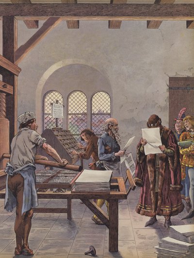 Il re Luigi XI legge un documento stampato su una pressa da pseudonym for Onfray de Breville Jacques Job