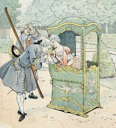 Dama della nobiltà nel XVIII secolo, su una sedia con portatori che riceve il bacio della mano da pseudonym for Onfray de Breville Jacques Job