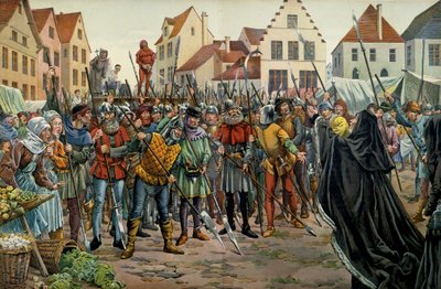 Maria di Borgogna, duchessa di Borgogna, chiede clemenza per i suoi consiglieri nel 1477. Illustrazione di Jacques Marie Gaston Onfray de Breville dit JOB in 