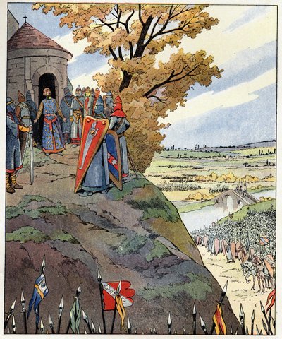 La mia corona ai coraggiosi, parole del re Filippo II detto Filippo Augusto (1165-1223) ai signori prima della vittoria della battaglia di Bouvines il 27 luglio da pseudonym for Onfray de Breville Jacques Job