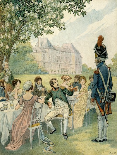 Napoleone I Bonaparte (1769-1821) durante un pranzo nei giardini del castello di Malmaison. Illustrazione di Jacques Marie Gaston Onfray de Breville detto JOB (1858-1931). Collezione privata da pseudonym for Onfray de Breville Jacques Job