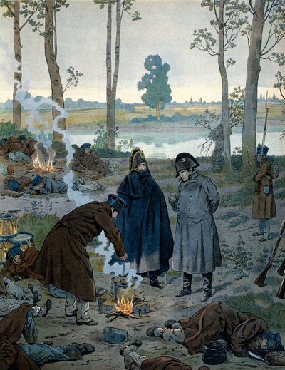 Napoleone I Bonaparte (1769-1821) nei bivacchi alla vigilia della battaglia di Waterloo nel 1815. In "Napoleone" di Georges Montorgueil. Illustrazione di Jacques Marie Gaston Onfray de Breville detto JOB (1858-1931) da pseudonym for Onfray de Breville Jacques Job