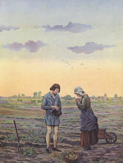 Contadini che si fermano dal lavoro nei campi per pregare come ordinato dal re da pseudonym for Onfray de Breville Jacques Job