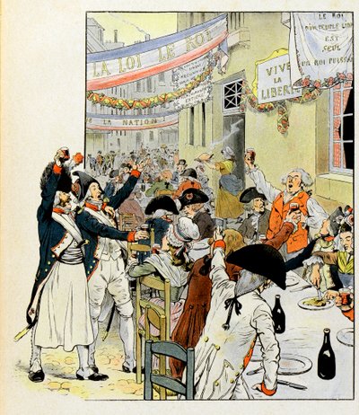 Banchetto rivoluzionario dopo la presa della Bastiglia - Illustrazione di Job (Jacques Marie Gaston Onfray e Breville) (Jacques-Marie) (1858-1931) per il libro “La Tour d