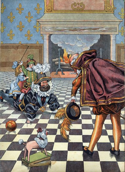 Scena della storia di Francia con giocattoli: il re di Francia Enrico IV (1553-1610) gioca con i suoi figli davanti all