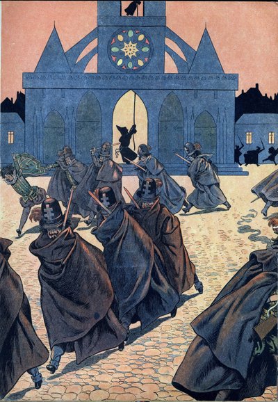 Scena della storia di Francia con giocattoli: La notte di San Bartolomeo. Un monaco suona il tocsin della chiesa di Saint Germain l