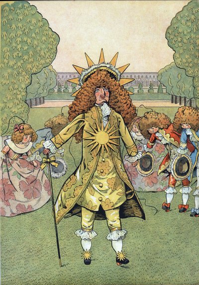 Scena della storia di Francia con giocattoli: Ritratto del Re di Francia Luigi XIV (1638-1715) detto il Re Sole nei giardini di Versailles con la sua Corte che fa riverenza. in 