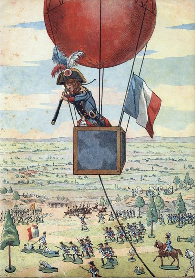 Scena della storia di Francia nei giocattoli: la battaglia di Fleurus del 26 giugno 1794 e il primo uso di un pallone di osservazione da parte del capitano Jean Marie Joseph Coutelle (1748-1835) con un lungo sguardo - In 