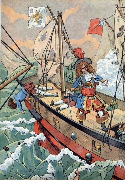 Scena della storia di Francia nei giocattoli: il marinaio francese, capitano corsaro Jean Bart (1650-1702) con suo figlio pronto a dare fuoco alla polvere in caso di collisione. In 