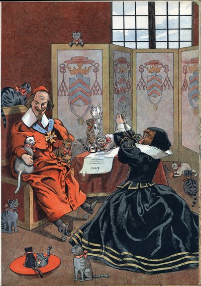 Scena della storia di Francia nei giocattoli: donna che implora il perdono del cardinale Richelieu (1585-1642) circondata da gatti. In "Joujoux a l