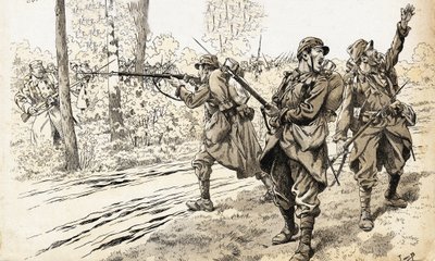 Sparate! Soldati francesi della guerra 1914-1918 inviati in pattuglia per riconoscere la forza e l